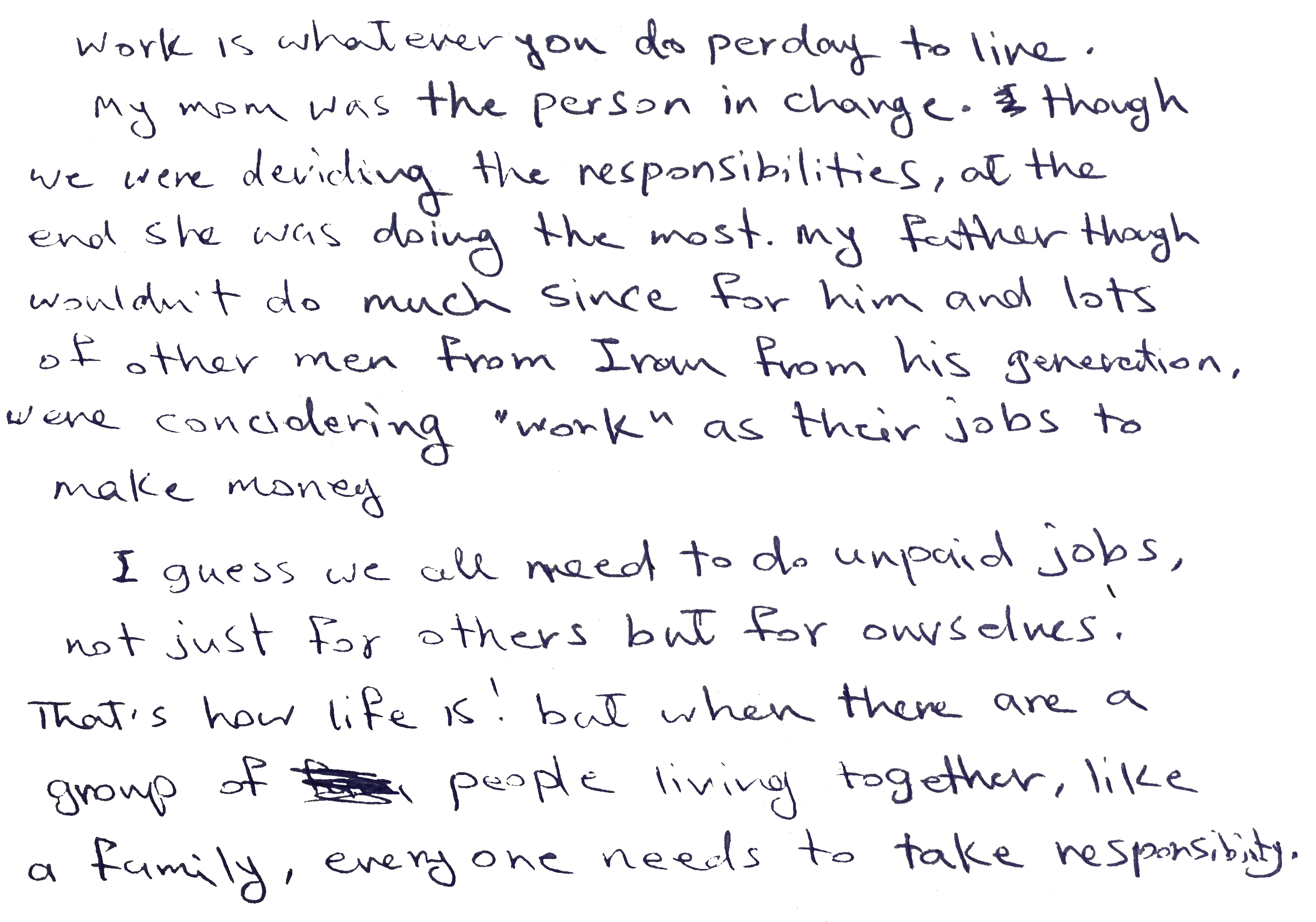 Work is whatever you do per day to live. My mom was the person in charge [for unpaid care work at home]. Though we were deviding the responsibilities, at the end she was doing the most. My father though woudn't do much since for him and lots of other men from Iran from his generation, were concidering 'work' as their jobs to make money. I guess we all need to do unpaid jobs, not just for others but for ourselves. That's how life is! But when there are a group of people living together, like a family, everyone needs to take responsibility.