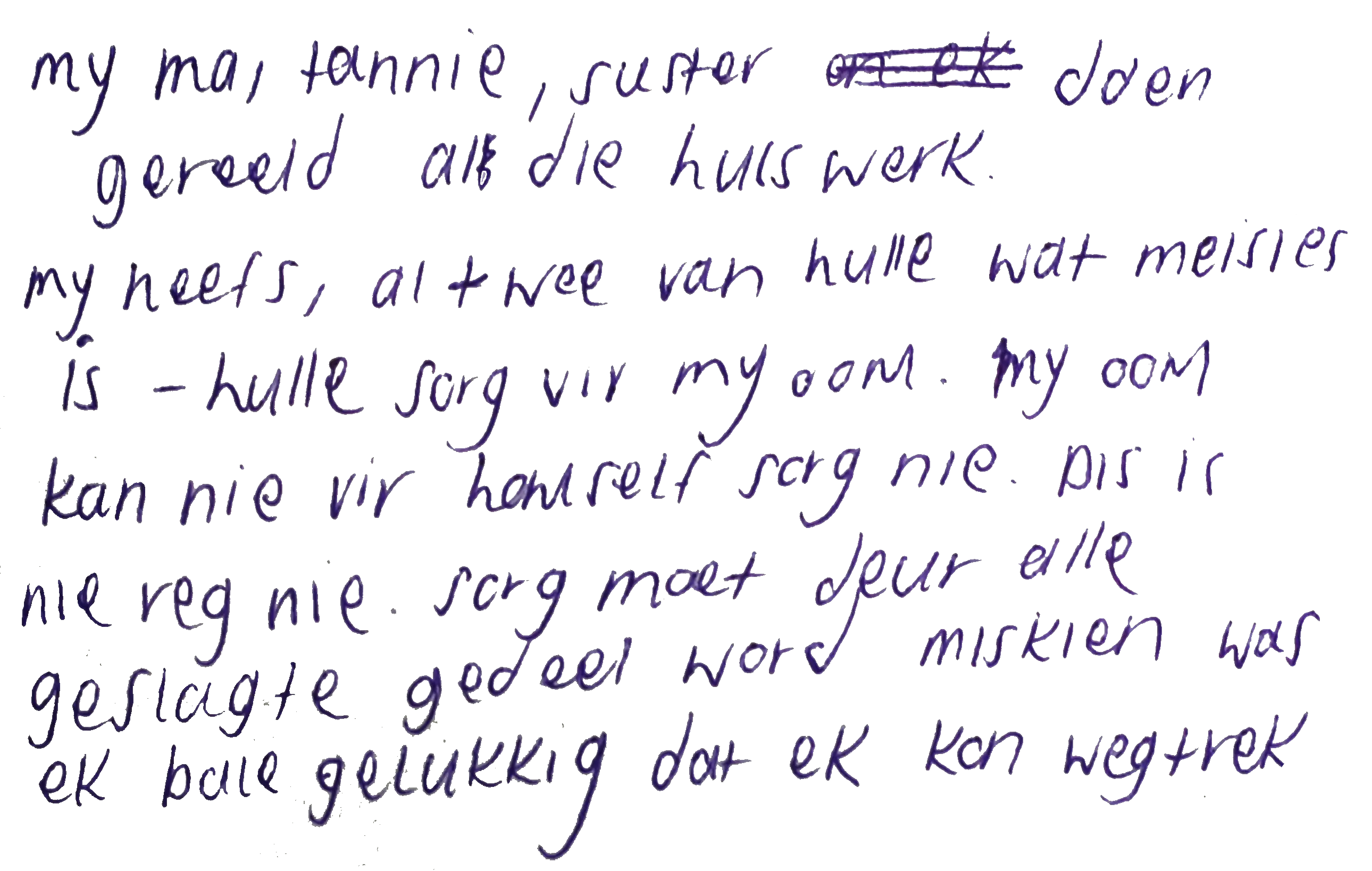 My ma, tannie en suster doen gereeld al die huiswerk. My neefs, am twee van hulle wat meisies is - hulle sorg vir my oom. My oom kan nie vir homself sorg nie. Dit is nie reg nie. Sorg moet deur alle geslagte gedeel word. Miskien was ek baie gelukkig dat ek kan wegtrek.
